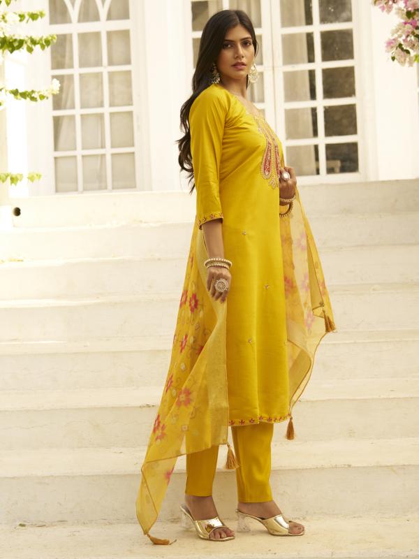 VP 9720 Y Beads Embroidered Yellow Women Kurta Sets With Dupatta Straight Suits